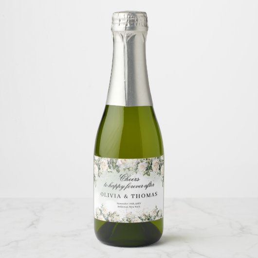  witte rozen en groen gebladerte bruiloft sparkling wijnetiket (Voorkant)