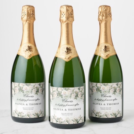 witte rozen en groen gebladerte bruiloft sparkling wijnetiket (Flessen)