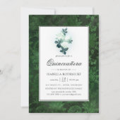 Witte rozen en groene Damask Quinceañera Kaart (Voorkant)