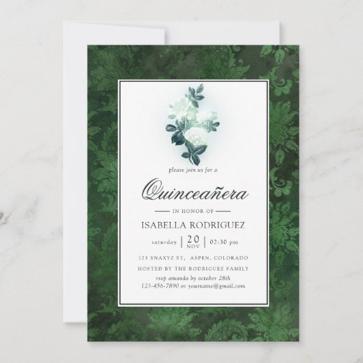 Witte rozen en groene Damask Quinceañera Kaart (Voorkant)