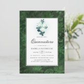 Witte rozen en groene Damask Quinceañera Kaart (Staand voorkant)