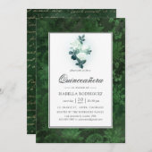 Witte rozen en groene Damask Quinceañera Kaart (Voorkant / Achterkant)