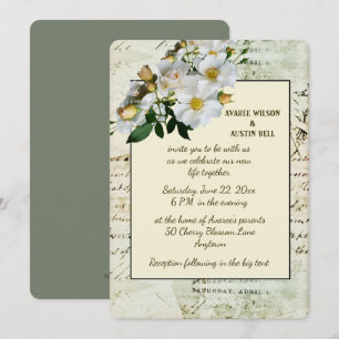 Witte rozen en groene vintage lijst kaart