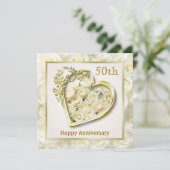 Witte rozen en hart 50ste huwelijksjubileum kaart (Staand voorkant)