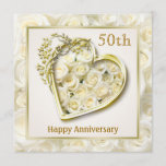 Witte rozen en hart 50ste Jubileum voor bruiloft Kaart<br><div class="desc">Witte rozen in een gouden hart,  versierd met bloemen.</div>