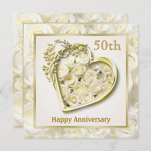 Witte rozen en hart 50ste trouwjubileum kaart (Voorkant / Achterkant)