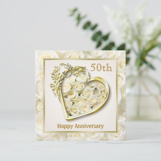 Witte rozen en hart 50ste trouwjubileum kaart (Staand voorkant)