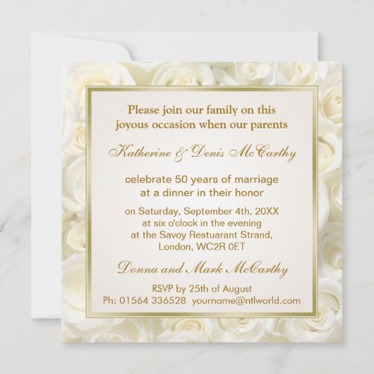 Witte rozen en hart 50ste trouwjubileum kaart (Achterkant)