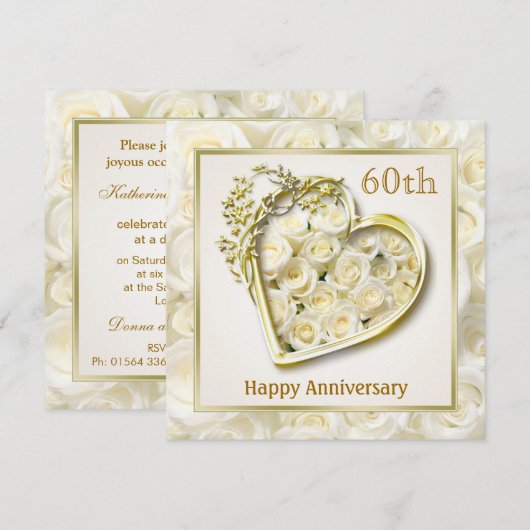 Witte rozen en hart 60ste huwelijksjubileum kaart (Voorkant / Achterkant)