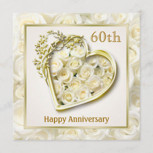 Witte rozen en hart 60ste huwelijksjubileum kaart