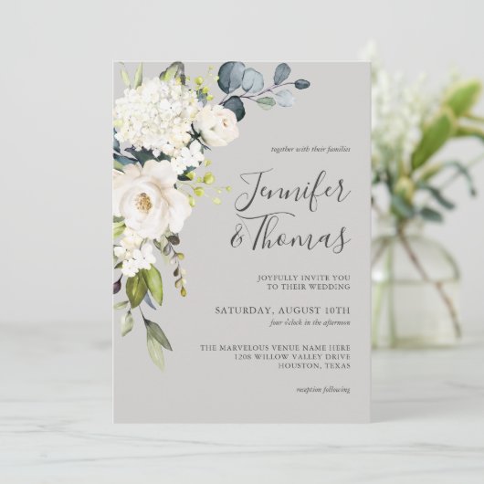 Witte rozen en hortensia Elegante bloemenbruiloft Kaart (Staand voorkant)