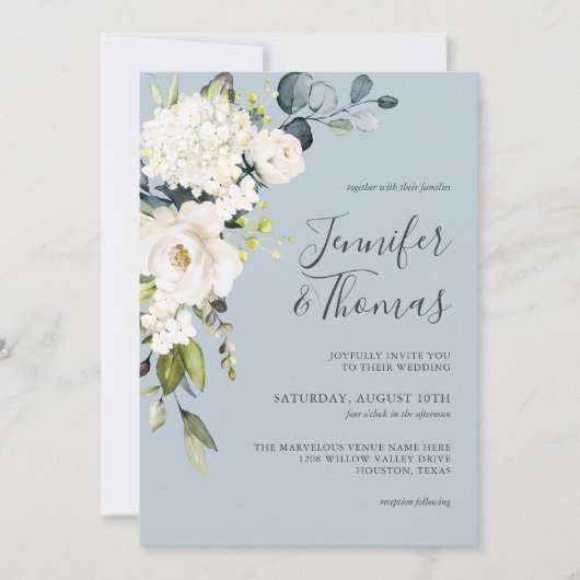 Witte rozen en hortensia op blauwe bloemenbruiloft kaart (Voorkant)