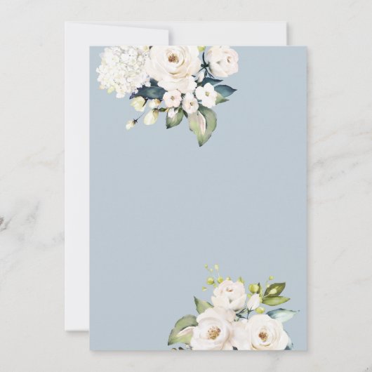 Witte rozen en hortensia op blauwe bloemenbruiloft kaart (Achterkant)
