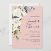Witte rozen en hortensia op roze bloemenbruiloft kaart (Voorkant)