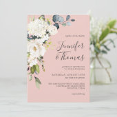 Witte rozen en hortensia op roze bloemenbruiloft kaart (Staand voorkant)