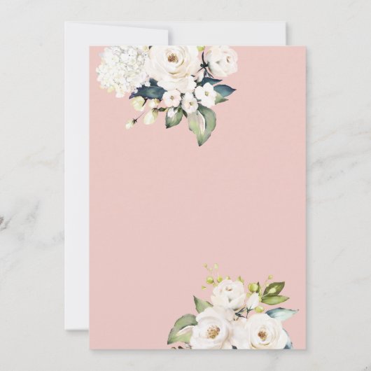 Witte rozen en hortensia op roze bloemenbruiloft kaart (Achterkant)