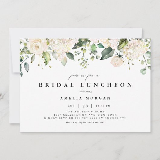 Witte rozen en hortensia's bruids lunch kaart (Voorkant)