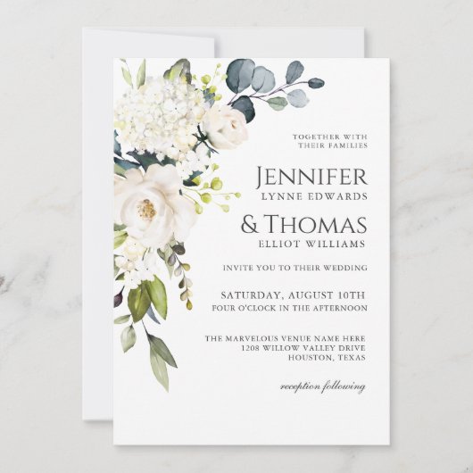 Witte rozen en hortensia's Elegante bloemenbruilof Kaart (Voorkant)