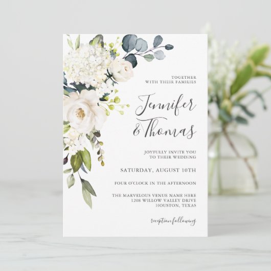 Witte rozen en hortensia's Elegante bloemenbruilof Kaart (Staand voorkant)