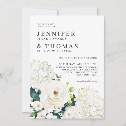 Witte rozen en hortensia's Elegante bloemenbruilof Kaart (Voorkant)