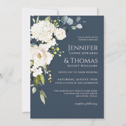 Witte rozen en hortensia's Elegante bloemenbruilof Kaart (Voorkant)