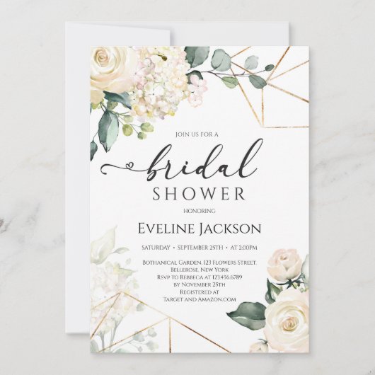 Witte rozen en hortensia's goud glitter bruids kaart (Voorkant)