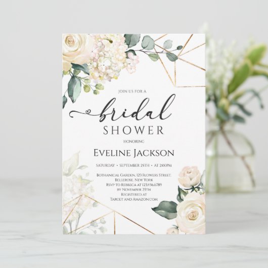 Witte rozen en hortensia's goud glitter bruids kaart (Staand voorkant)