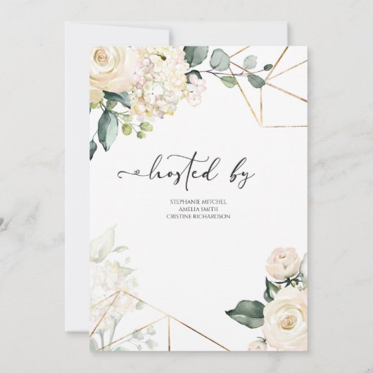 Witte rozen en hortensia's goud glitter bruids kaart (Achterkant)