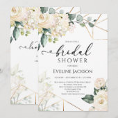 Witte rozen en hortensia's goud glitter bruids kaart (Voorkant / Achterkant)