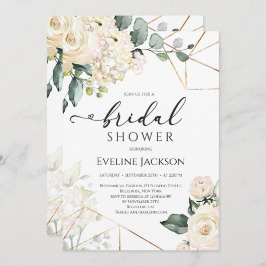 Witte rozen en hortensia's goud glitter bruids kaart (Voorkant / Achterkant)