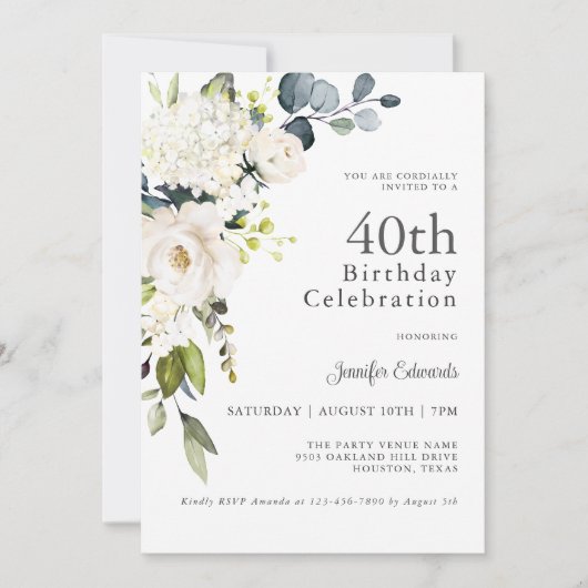 Witte Rozen en Hydrangeas Elegant 40e verjaardag Kaart (Voorkant)