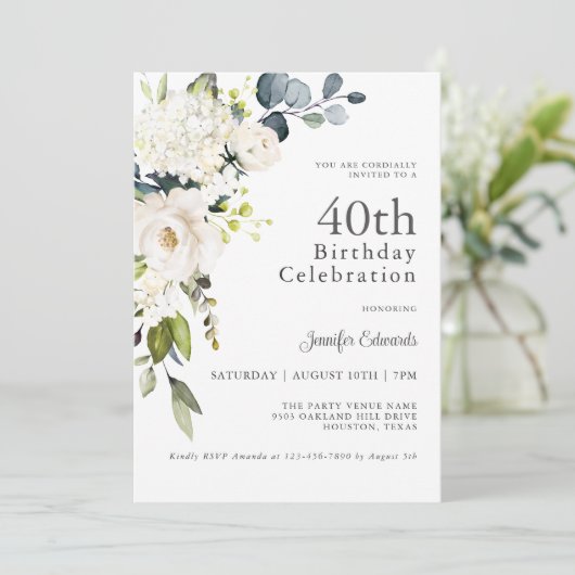 Witte Rozen en Hydrangeas Elegant 40e verjaardag Kaart (Staand voorkant)