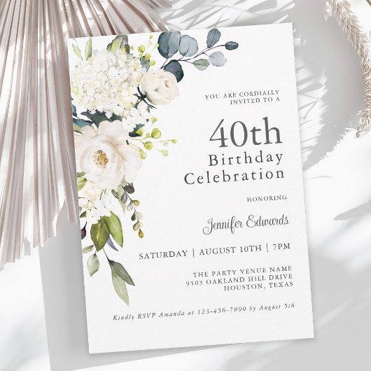 Witte Rozen en Hydrangeas Elegant 40e verjaardag Kaart
