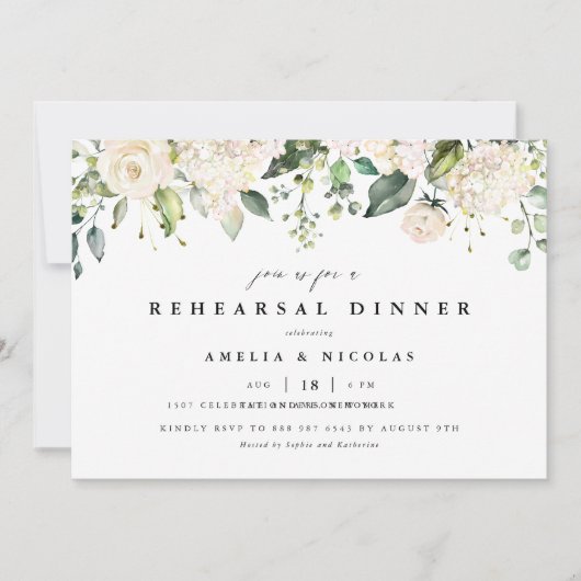 Witte Rozen en Hydrangeas repetitie diner Kaart (Voorkant)