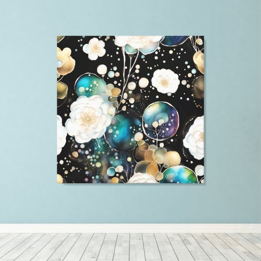 Witte rozen en iriserende bubbel Abstract Canvas Afdruk (Insitu (Houten vloer))