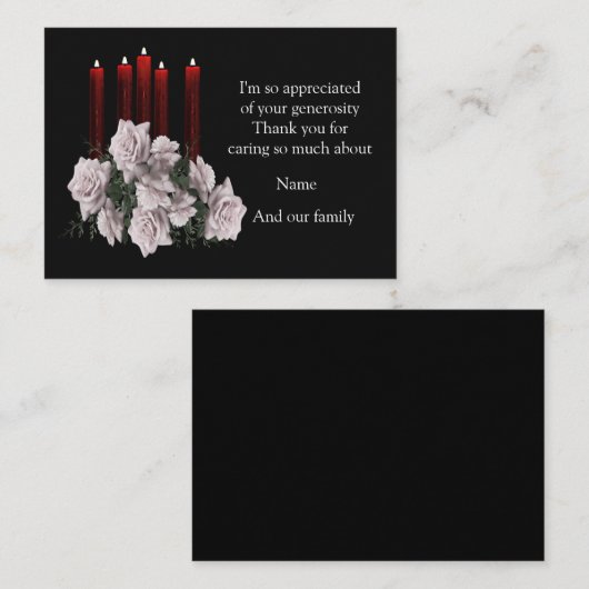 Witte rozen en kaars na begrafenis bedankt notitiekaartje (Voorkant / Achterkant)