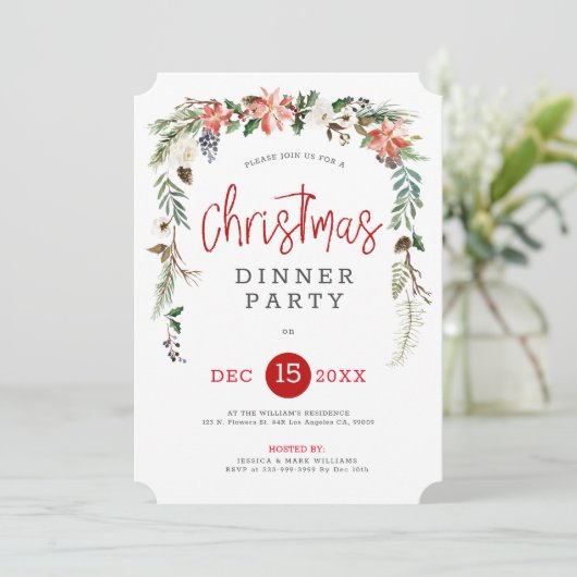 Witte rozen en kerstheilig diner Uitnodiging (Staand voorkant)