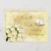 Witte rozen en klokken 50ste huwelijksjubileum kaart (Voorkant / Achterkant)
