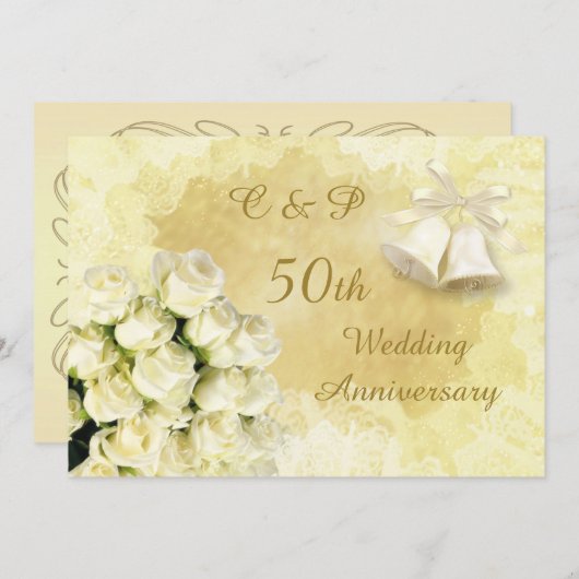 Witte rozen en klokken 50ste huwelijksjubileum kaart (Voorkant / Achterkant)