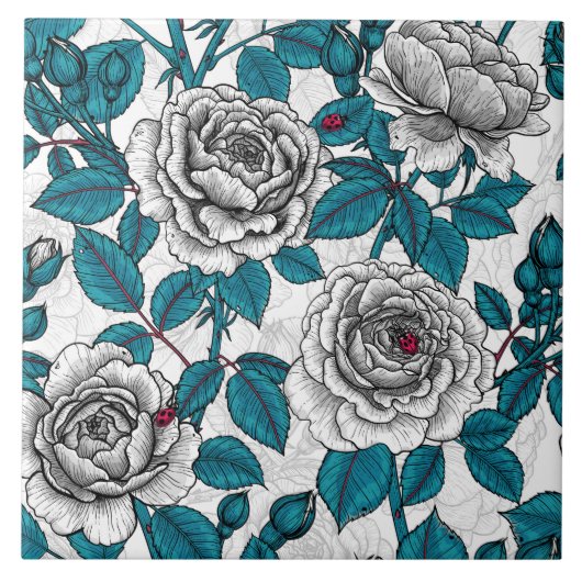 Witte rozen en ladybugs tegeltje (Voorkant)