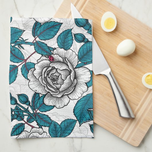 Witte rozen en ladybugs theedoek (Quarter Fold)