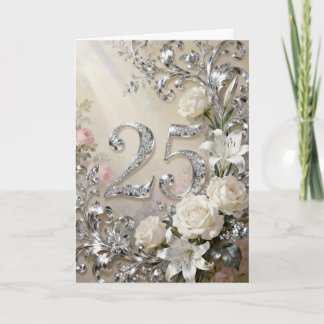 Witte Rozen en Lelies Zilveren Trouwdag Kaart