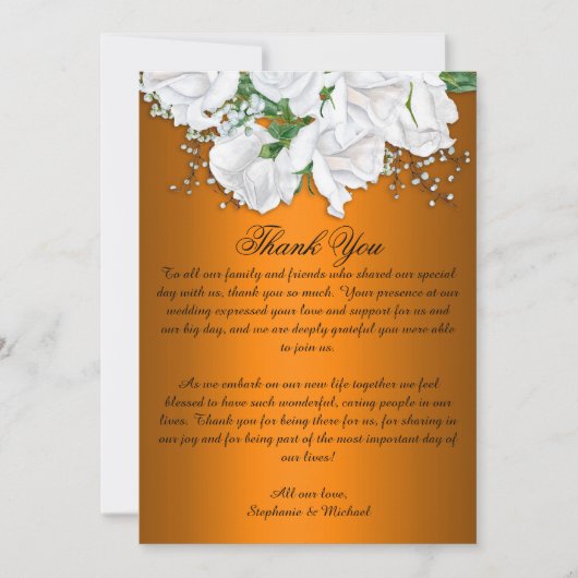 Witte Rozen en Metallic Sinaasappel bruiloft Bedankkaart (Voorkant)