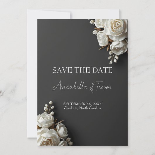 Witte rozen en pioenrozen op donkere houtskool blo save the date (Voorkant)