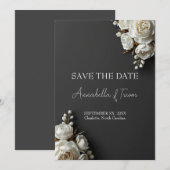 Witte rozen en pioenrozen op donkere houtskool blo save the date (Voorkant / Achterkant)