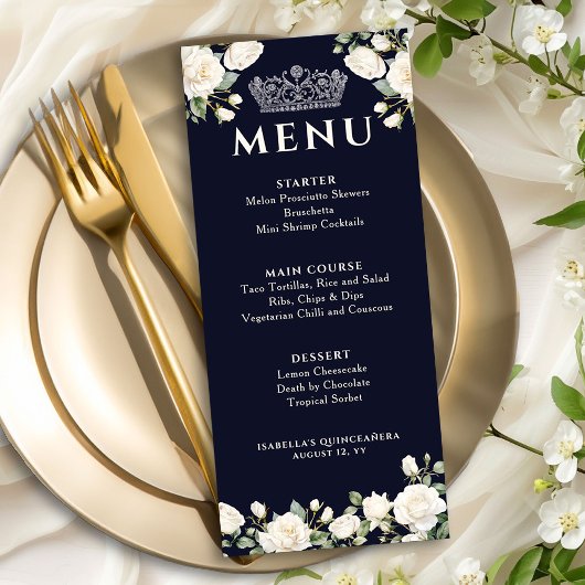 Witte Rozen en Prinses Tiara Donkerblauw Menu