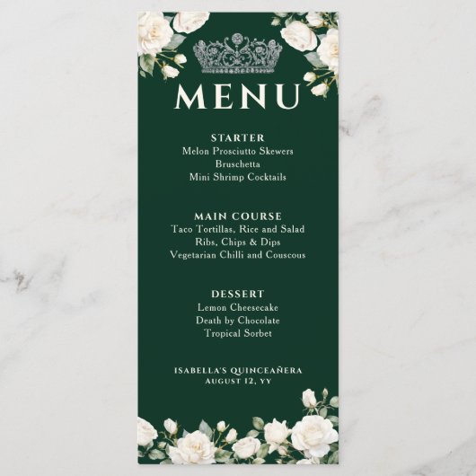 Witte Rozen en Prinses Tiara Donkergroen Menu (Voorkant)