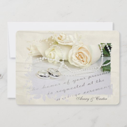 witte rozen en ringen op bruiloft kaart (Voorkant)