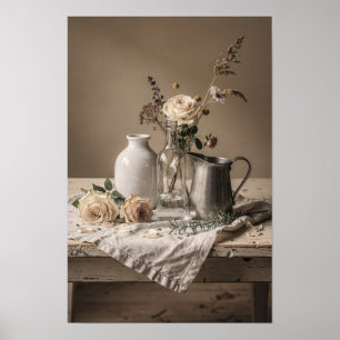 Witte rozen en vintage kan stillevensschilderij poster