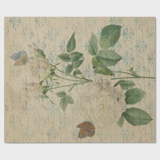 witte rozen en vlinder cadeaupapier (Vlak)